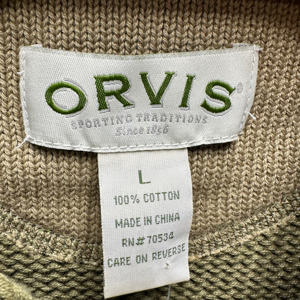 Orvis Mens Large Olive Green Cotton Shaker Knit Button Neck Sweater Elbow Patch - Picture 2 of 5